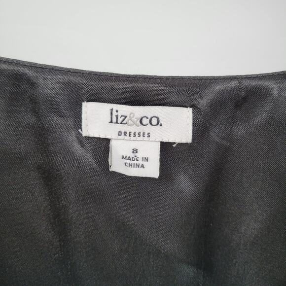 VTG Liz & Co Cocktail Dress Womens 8 Black Ruffled Detail V-Neck Flutter Sleeve - Picture 2 of 13